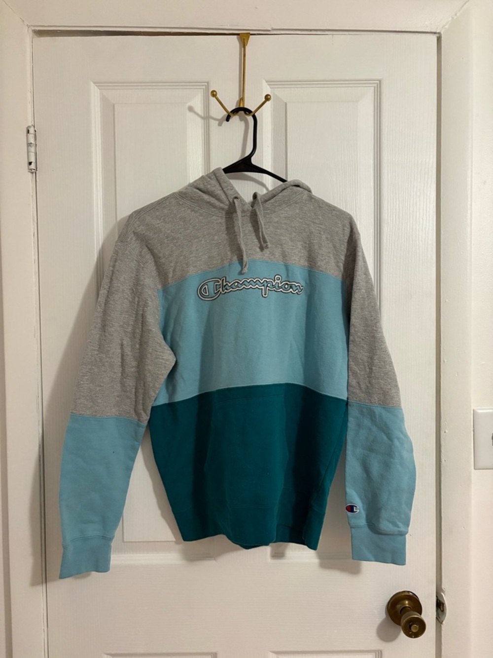 Champion Women’s Colorblock Pullover Hoodie in Gray, Light Teal & Teal